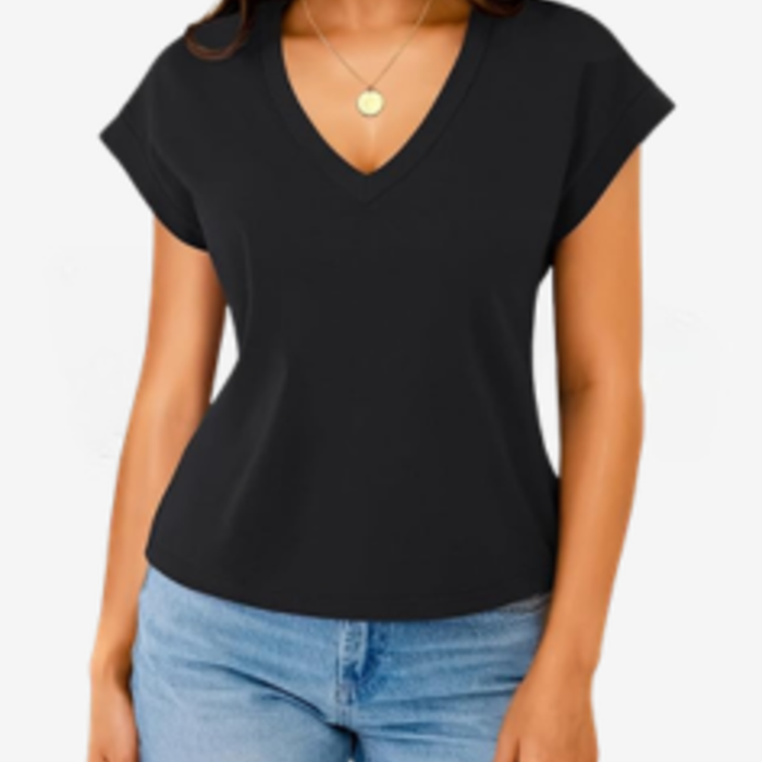 Womens Cotton Tops Cap Short Sleeve Crop V Neck T Shirts