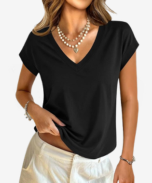 Womens Cotton Tops Cap Short Sleeve Crop V Neck T Shirts