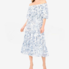 Women's Off the Shoulder Puff Sleeve Smocked Waist Midi Dress