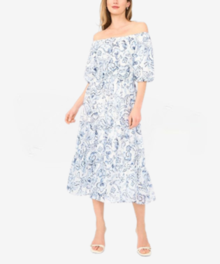 Women's Off the Shoulder Puff Sleeve Smocked Waist Midi Dress