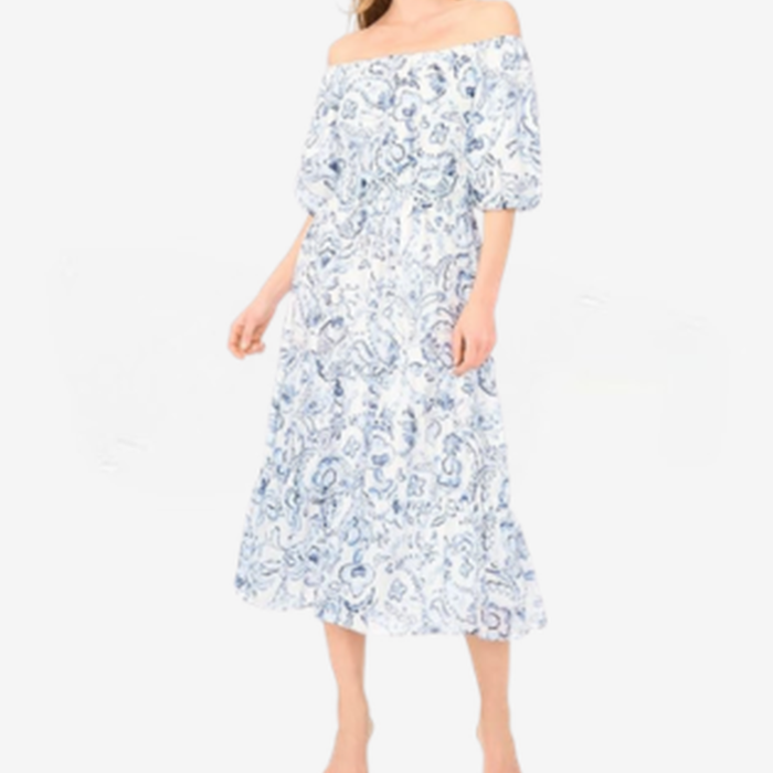 Women's Off the Shoulder Puff Sleeve Smocked Waist Midi Dress