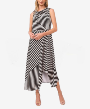 Women's Striped Cowlneck Sleeveless Midi Dress